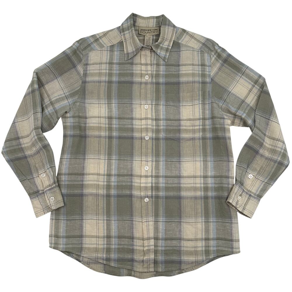 Jones New York Country Linen Plaid Button Shirt Size 6 Western Vintage 90s